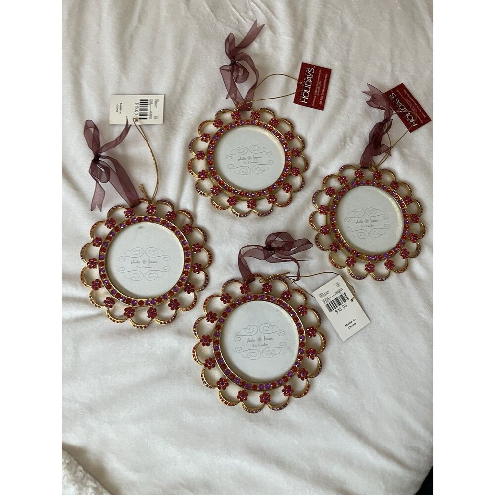 Home For The Holidays Gold w/ Bling Round Hanging Photo Frame Ornaments Set of 4